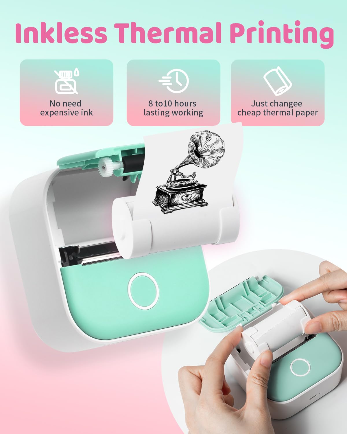 Ponek Bluetooth Thermal Mini Printer - T02 Portable Mini Sticker Printer Machine, Receipt Printers for iPhone, Mini Pocket Printer with 3 Rolls Thermal Paper for Journal, Memo, Picture