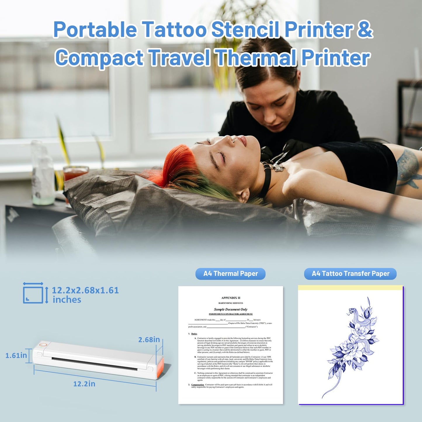 Ponek M08F Tattoo Thermal Printer, Inkless Tattoo Printer Bluetooth for Phone & Computers, Stencil Printer for Tattooing, Wireless Tattoo Machine Kit with 10pcs A4 Transfer Paper