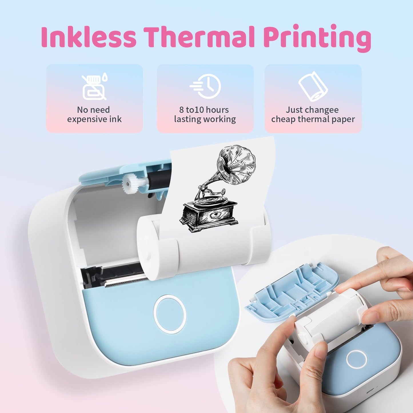 Ponek T02 Mini Printer Sticker Printer - Wireless Mini Sticker Printer Machine, Wireless Pocket Mini Printer for Phone, Mini Thermal Printer with 3 Rolls Thermal Paper for Journal, Memo, Photo