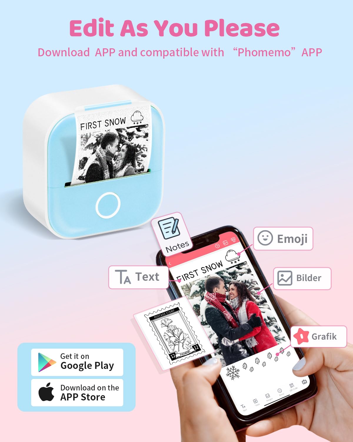 Ponek T02 Mini Printer, Print Pod Mini Thermal Printer, Bluetooth Mobile Phone Printer for Journal, Notes, Photo, Portable Printer Wireless for iOS & Android, Phone