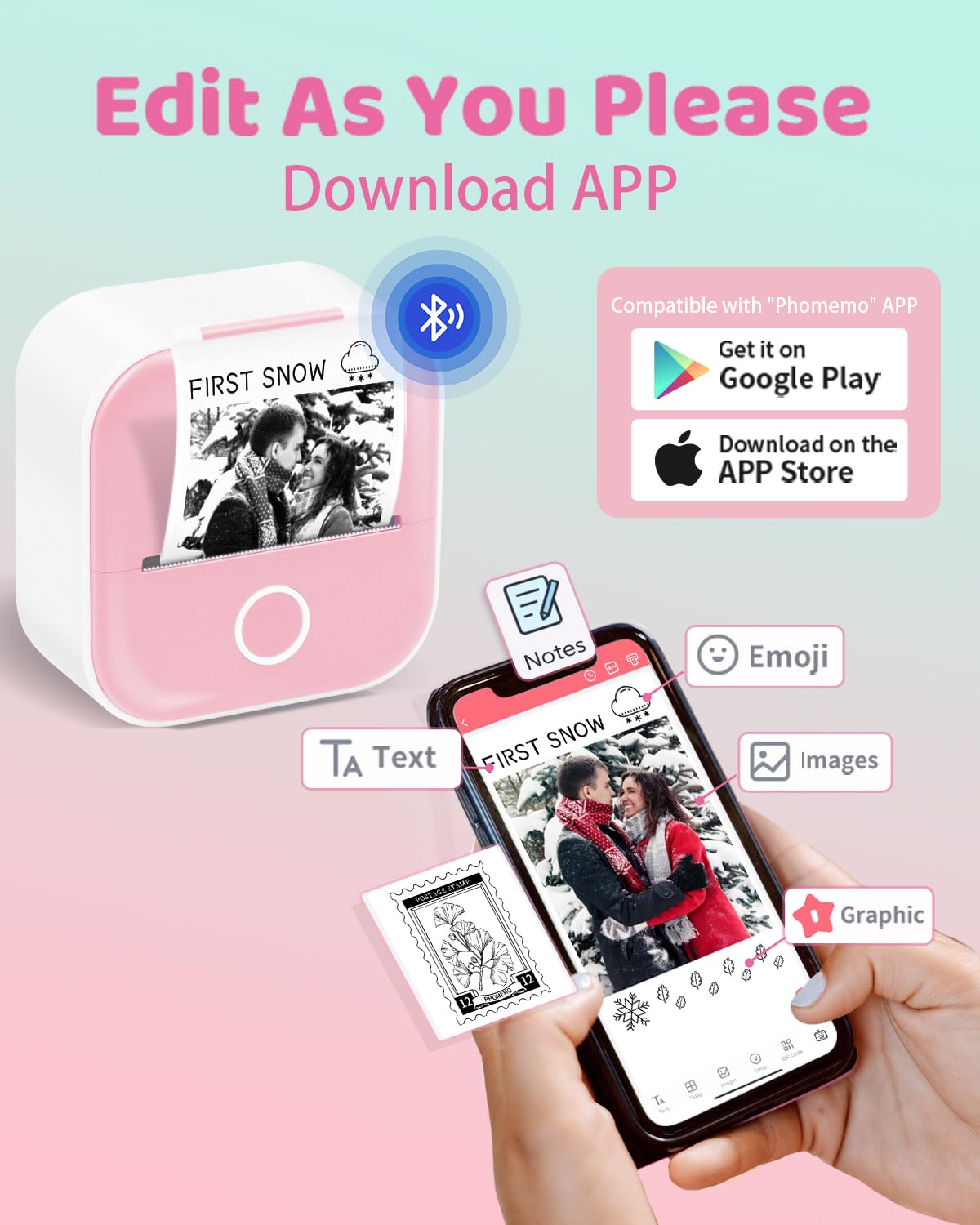 Ponek Pocket Sticker Printer - Wireless Mini Sticker Printer Machine, Wireless Pocket Receipt Printers for iPhone, T02 Mini Thermal Printer with 3 Rolls Thermal Paper for Journal, Memo