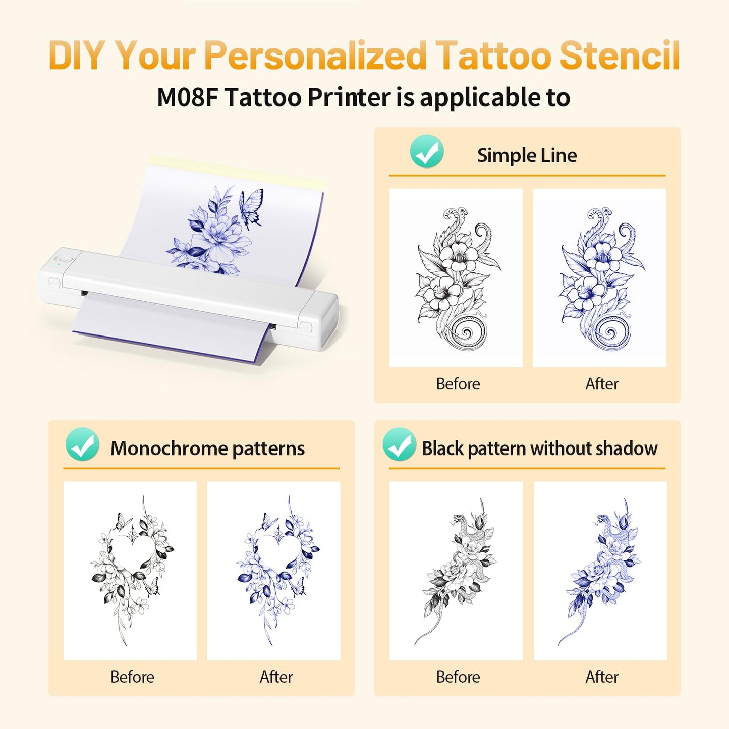 Ponek Tattoo Printer, M08F-A4 Tattoo Stencil Printer Bluetooth for Smartphone & PC, Wireless Tattoo Machine for Temporary Tattoos, Documents, White Thermal Printer Tattoo with 10pcs Transfer Paper