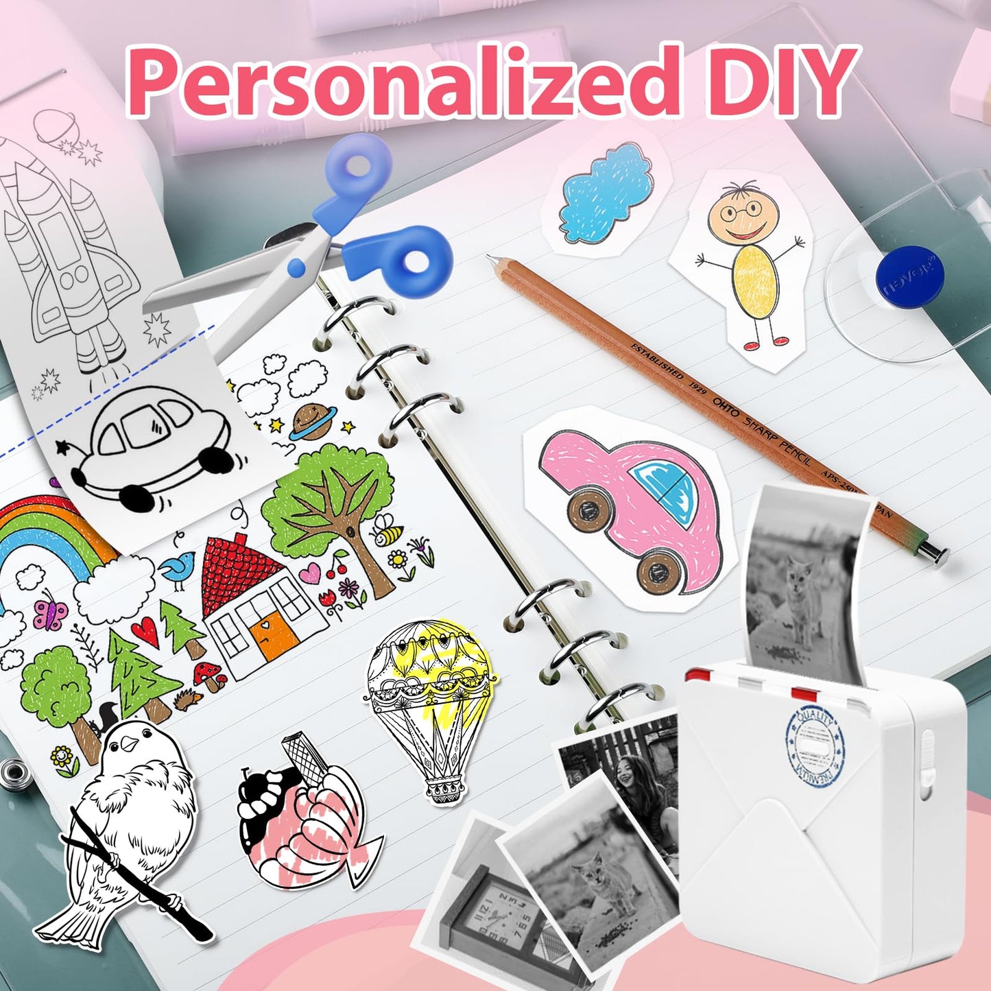 Ponek Mini Pocket Printer - M02S Upgrade 304DPI Wireless Bluetooth Thermal Sticker Printer, Compatible with iOS and Android, Print 3 Size Papers, Inkless Sticker Maker for Notes, Photo, Journal, Gifts