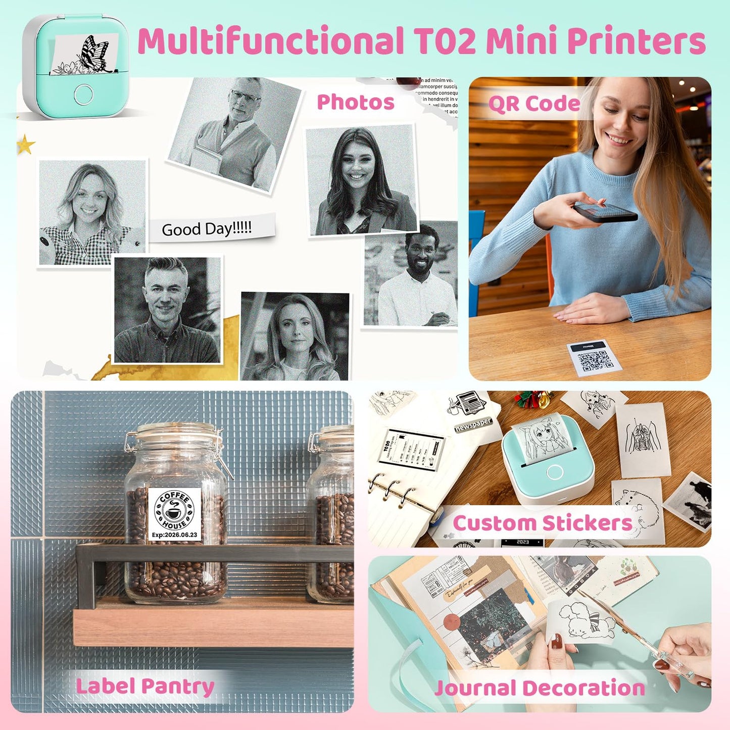 Ponek Mini Pocket Sticker Printer - T02 Sticker Maker Machine Mini Printer, Portable Smart Photo Printer for iPhone, Compatible with iOS&Android, Receipt Mobile Printer for Study, Journal, Notes