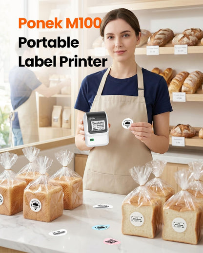 Ponek Label Maker, M100 Address Label Printer, Versatile App with 4000 Icons and 300 Templates, Barcode Bluetooth Label Printer for Small Business, Home, Office, School Organization, White