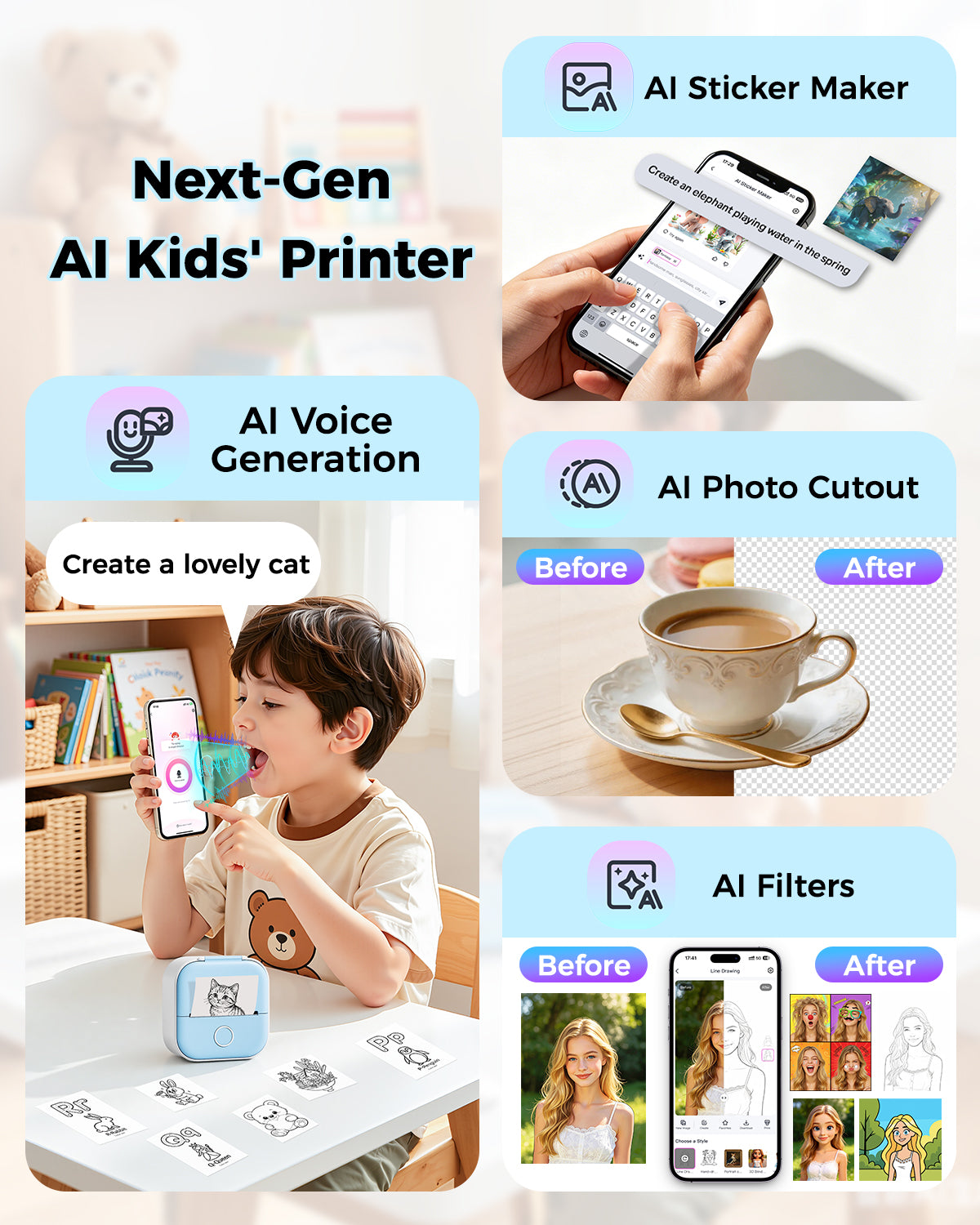 Mini Sticker Printer - T02 Sticker Machine Printer & AI Smart APP, Portable Thermal Bluetooth Inkless Print Pods with 3 Rolls Thermal Paper for DIY Journal, Student Study Notes, Plan, Memo, Blue