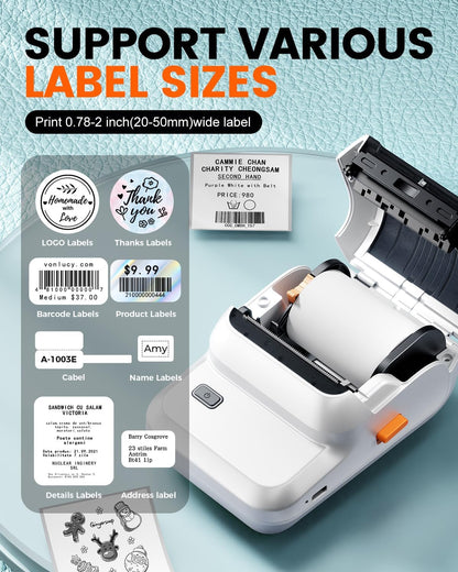 Ponek Label Maker, M100 Address Label Printer, Versatile App with 4000 Icons and 300 Templates, Barcode Bluetooth Label Printer for Small Business, Home, Office, School Organization, White