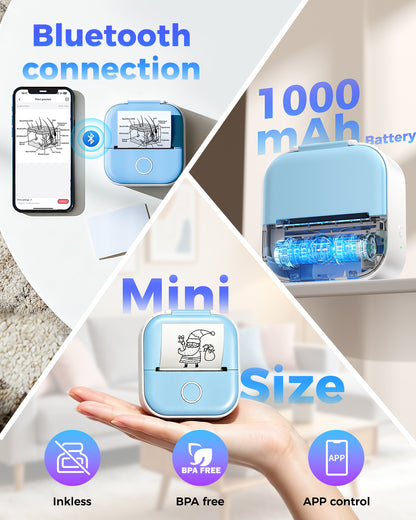 Mini Sticker Printer - T02 Sticker Machine Printer & AI Smart APP, Portable Thermal Bluetooth Inkless Print Pods with 3 Rolls Thermal Paper for DIY Journal, Student Study Notes, Plan, Memo, Blue