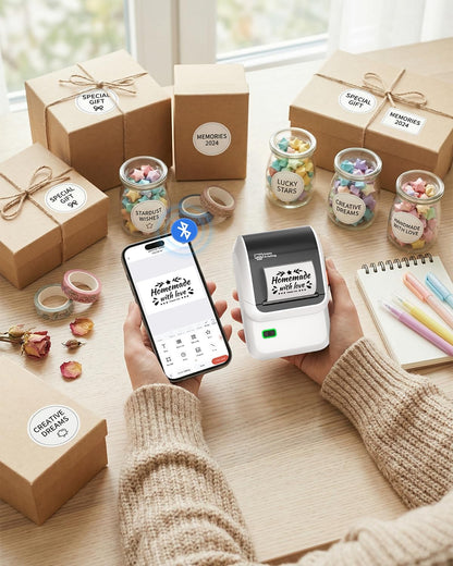 Ponek Label Maker, M100 Address Label Printer, Versatile App with 4000 Icons and 300 Templates, Barcode Bluetooth Label Printer for Small Business, Home, Office, School Organization, White