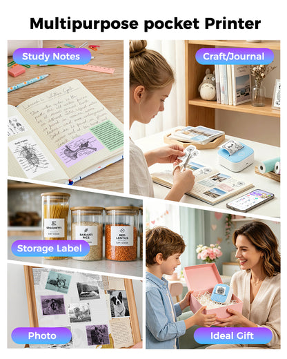 Mini Sticker Printer - T02 Sticker Machine Printer & AI Smart APP, Portable Thermal Bluetooth Inkless Print Pods with 3 Rolls Thermal Paper for DIY Journal, Student Study Notes, Plan, Memo, Blue