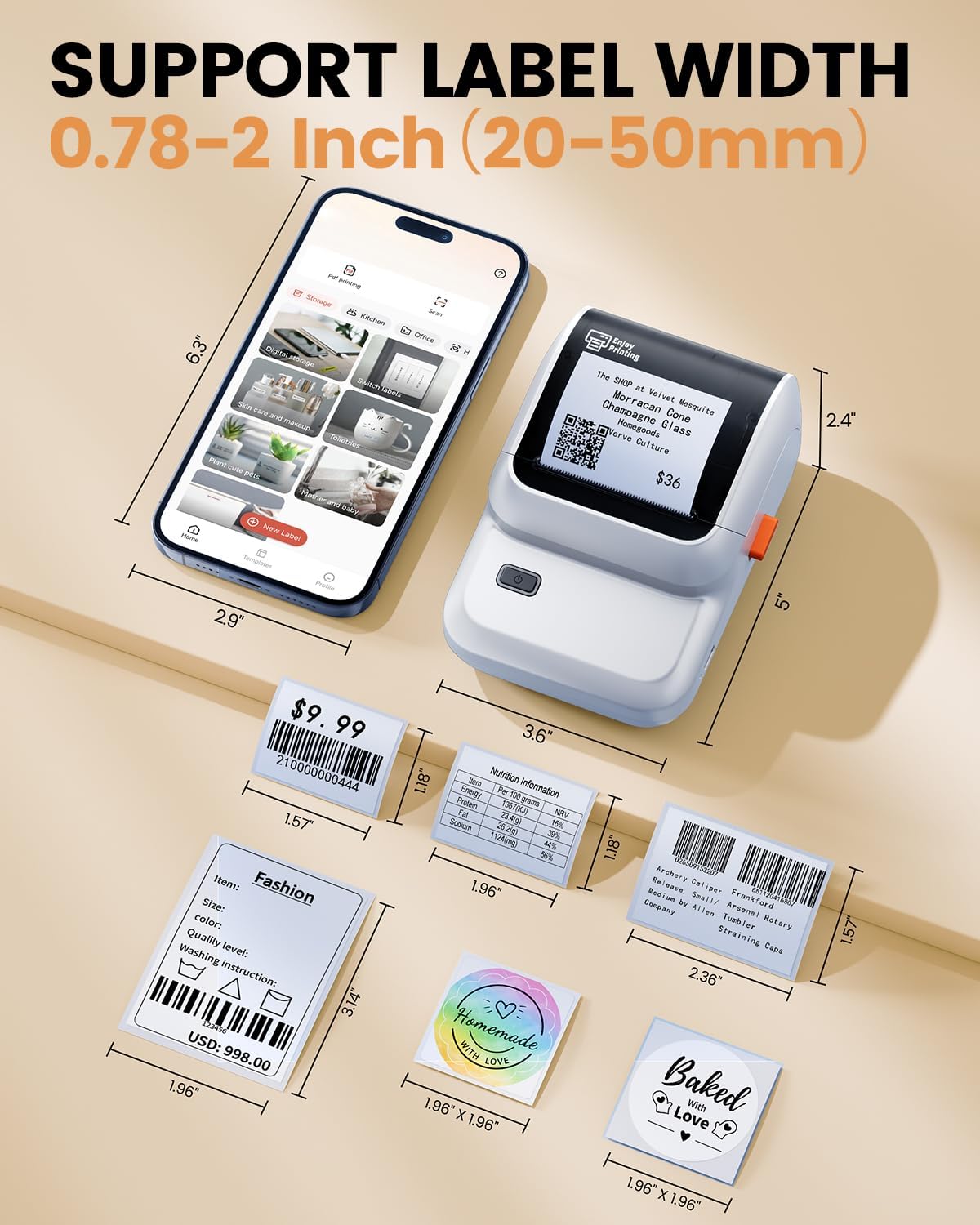 Ponek Label Maker Machine with 3 Tapes, M100 Bluetooth Label Printer, Versatile App with 3000 Icons and 300 Templates, 2 Inch Barcode Label Maker for Small Business, Office, Home, School, White