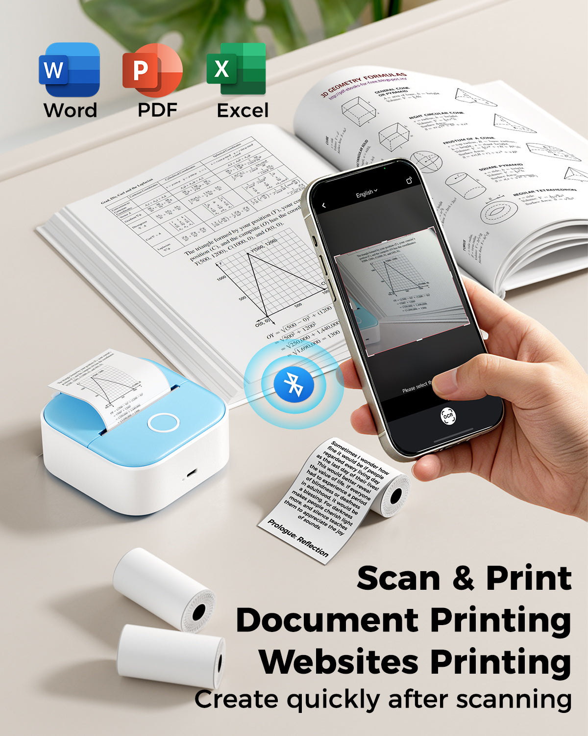 Mini Sticker Printer - T02 Sticker Machine Printer & AI Smart APP, Portable Thermal Bluetooth Inkless Print Pods with 3 Rolls Thermal Paper for DIY Journal, Student Study Notes, Plan, Memo, Blue