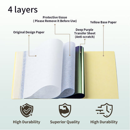 Ponek Tattoo Transfer Paper- Ponek 100 PCS Transfer Paper for Tattooing, 4 Layers A4 Size Tattoo Stencil Paper, Temporary Tattoo Paper for Tattoo Transfer Kit, Tracing paper for Drawing, DIY Tattoo