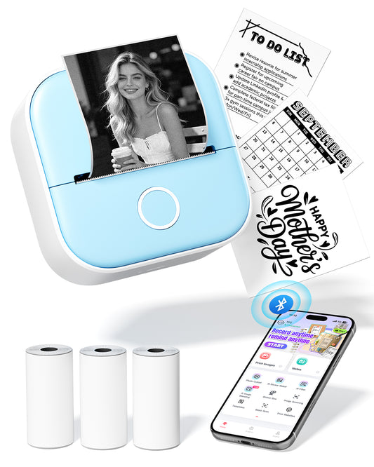 Mini Sticker Printer - T02 Sticker Machine Printer & AI Smart APP, Portable Thermal Bluetooth Inkless Print Pods with 3 Rolls Thermal Paper for DIY Journal, Student Study Notes, Plan, Memo, Blue
