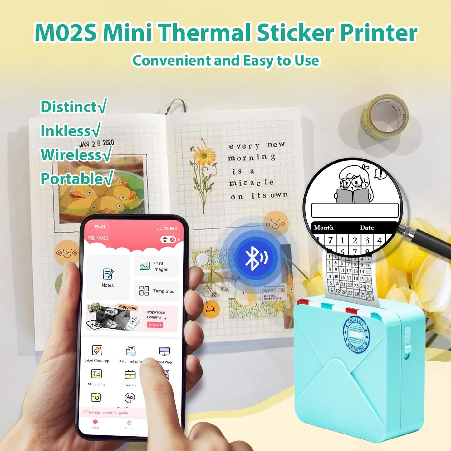 Ponek Bluetooth Pocket Thermal Photo Printer, M02S 304dpi Wireless Mini Sticker Maker Machine for iPhone and Android, Mobile Inkless Sticker Printer Portable for Journal, Memo, Notes, Cyan