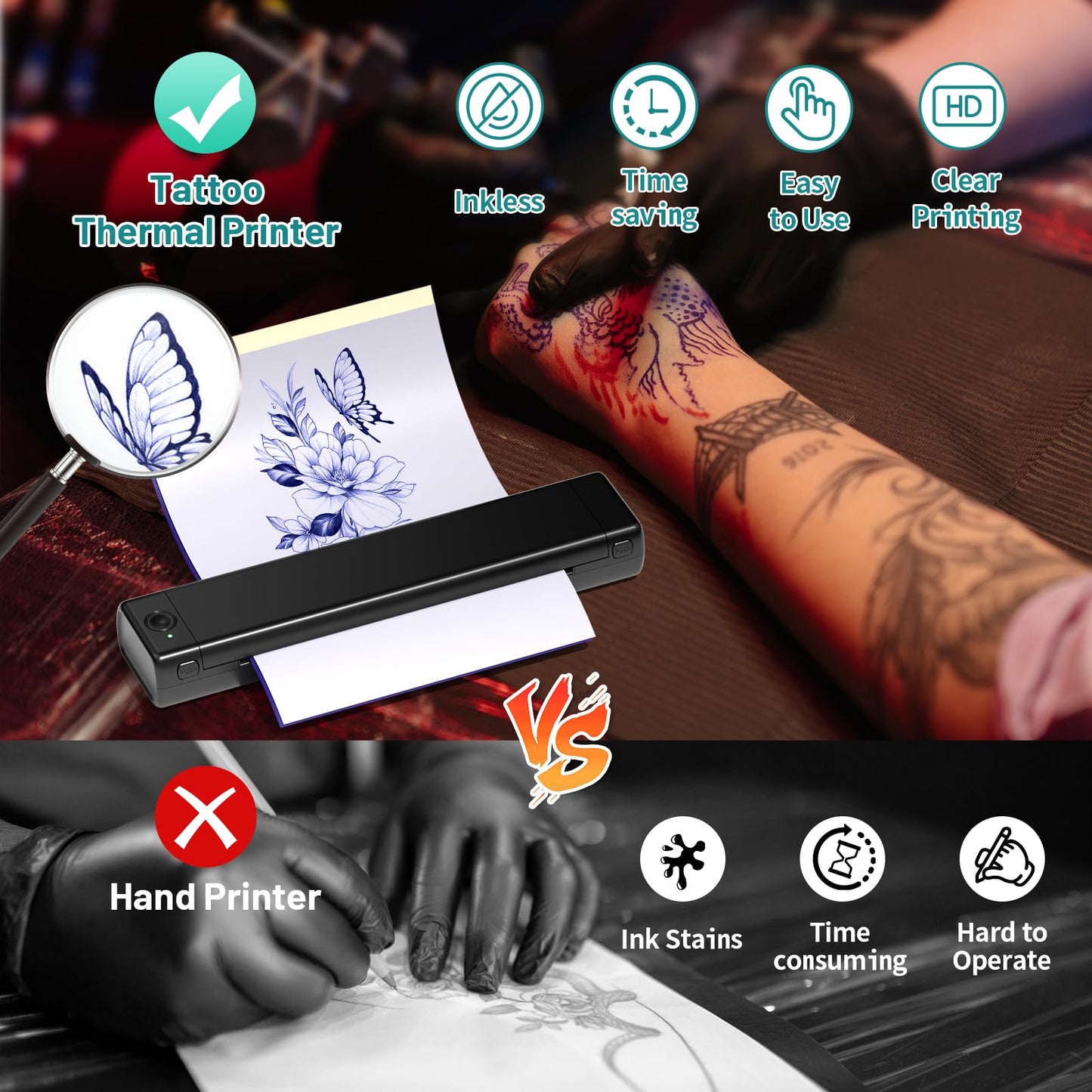 Ponek Tattoo Stencil Printer, M08F Tattoo Thermal Printer, Wireless Stencil Machine for Tattoo Artists, Stencil Printer for Tattooing with 10pcs Tattoo Transfer Paper, Compatible with Phone, Pad, PC