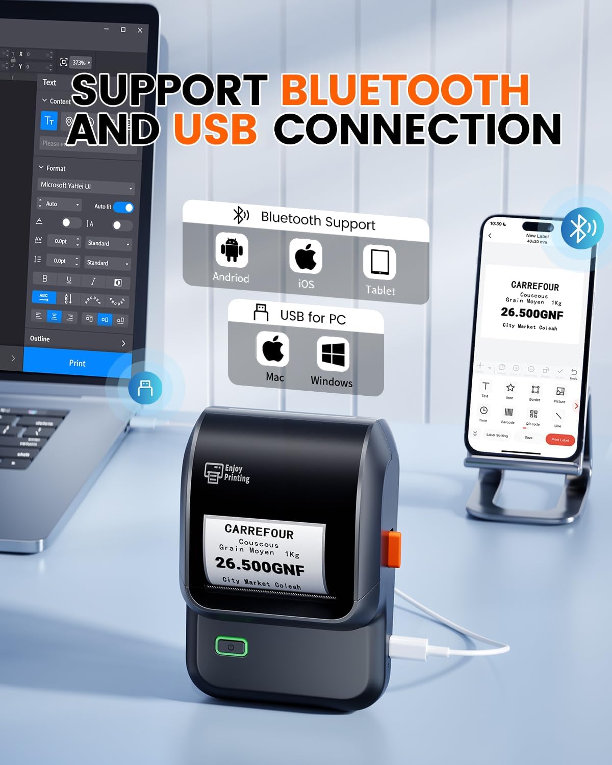 Ponek Label Maker with 3 Tapes, M100 Address Barcode Label Printer, Versatile App with 4000 Icons and 300 Templates, Bluetooth Thermal Label Printer for Small Business, Office, Home, School, Black