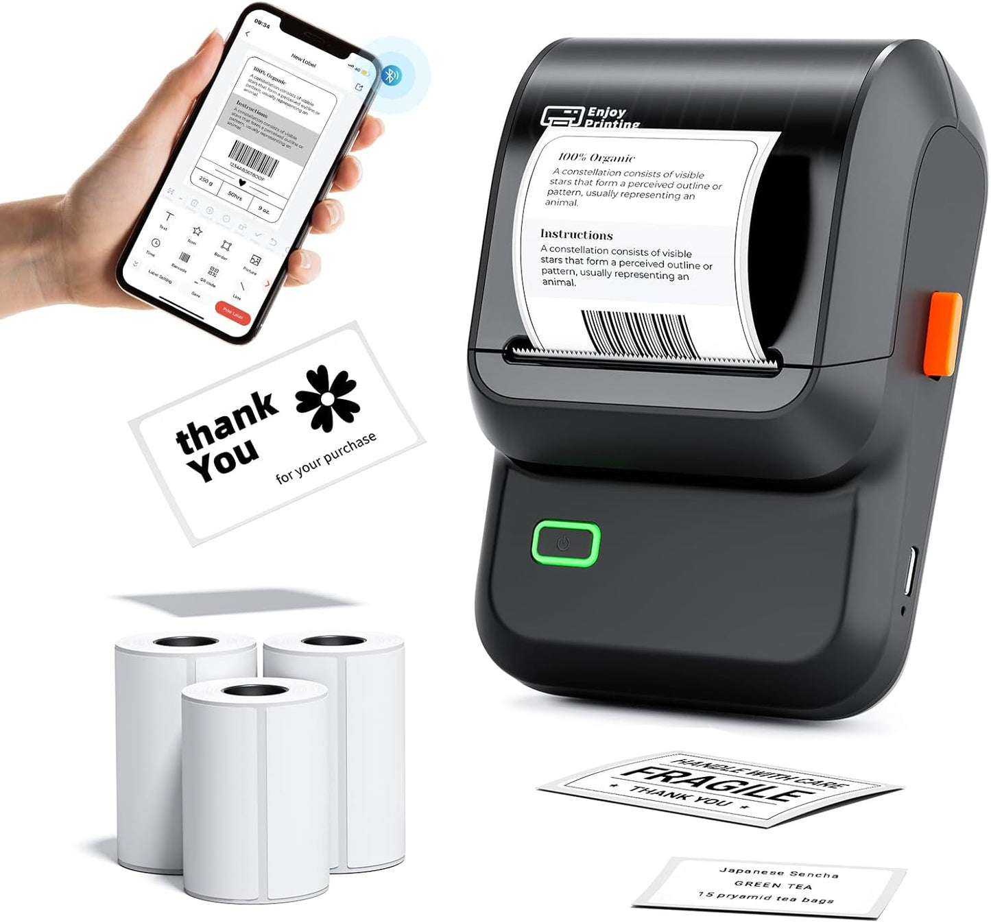 Ponek Label Maker with 3 Tapes, M100 Address Barcode Label Printer, Versatile App with 4000 Icons and 300 Templates, Bluetooth Thermal Label Printer for Small Business, Office, Home, School, Black