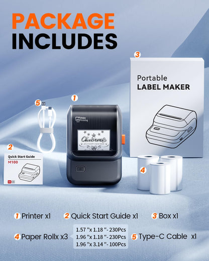 Ponek Label Maker with 3 Tapes, M100 Address Barcode Label Printer, Versatile App with 4000 Icons and 300 Templates, Bluetooth Thermal Label Printer for Small Business, Office, Home, School, Black