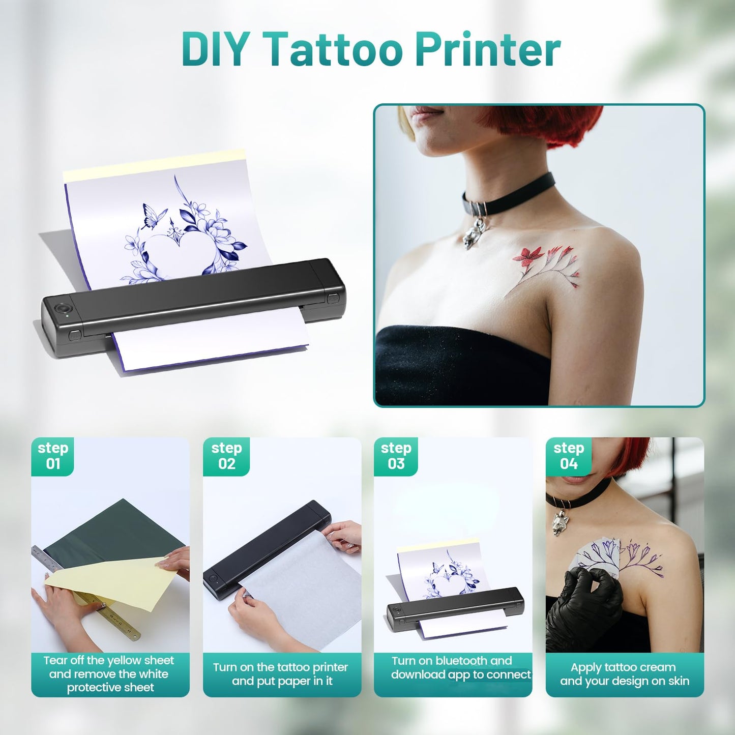 Ponek Tattoo Stencil Printer, M08F Tattoo Thermal Printer, Wireless Stencil Machine for Tattoo Artists, Stencil Printer for Tattooing with 10pcs Tattoo Transfer Paper, Compatible with Phone, Pad, PC