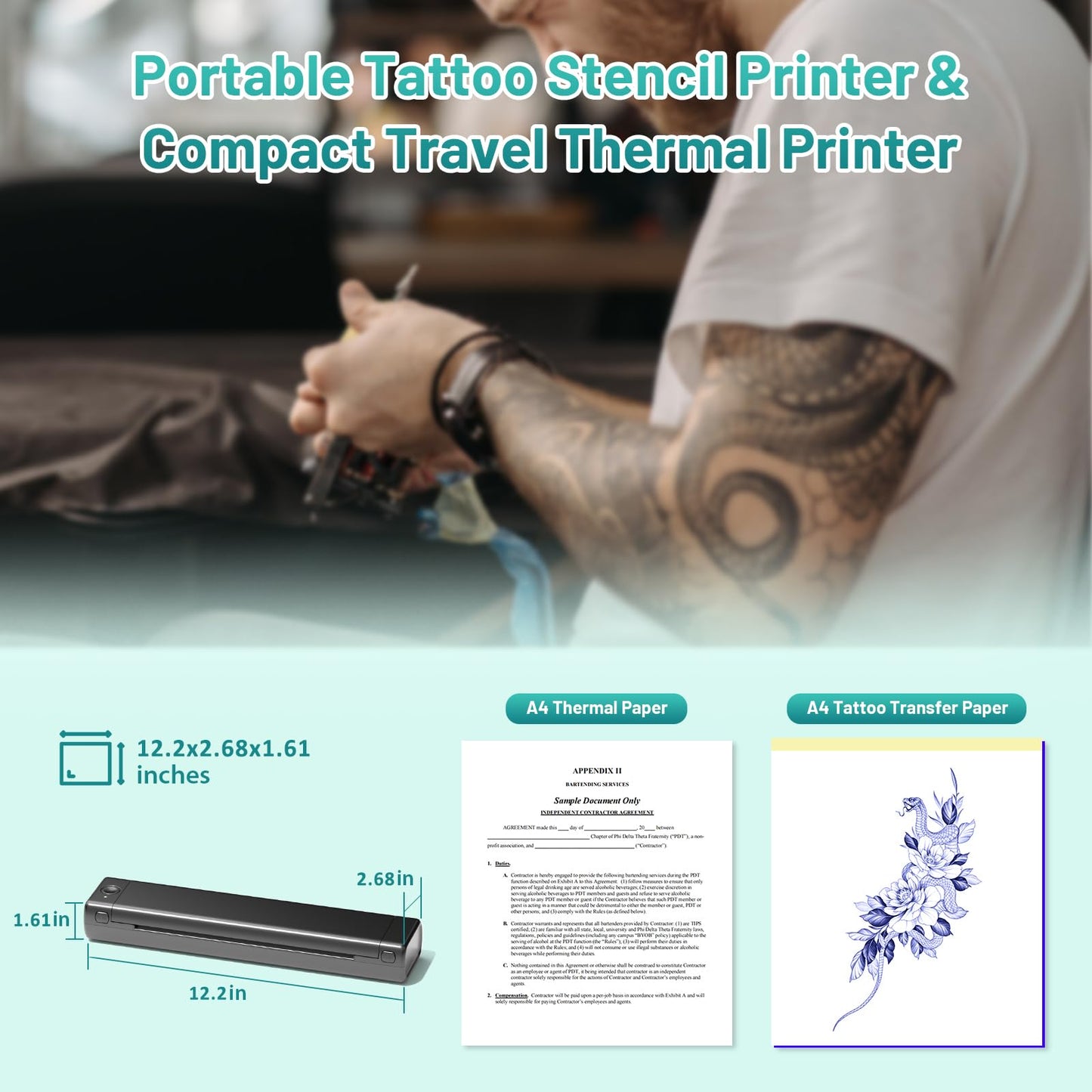 Ponek Tattoo Stencil Printer, M08F Tattoo Thermal Printer, Wireless Stencil Machine for Tattoo Artists, Stencil Printer for Tattooing with 10pcs Tattoo Transfer Paper, Compatible with Phone, Pad, PC
