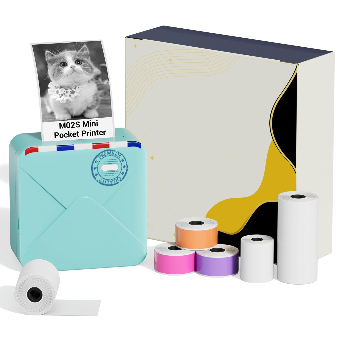 Ponek Inkless Pocket Thermal Printer, M02S 304dpi Bluetooth Mobile Printer Compatible with iOS and Android, Work with 3 Size Papers, Mini Photo Printer for Plan Journal, Travel, DIY Cards, Gift, Cyan