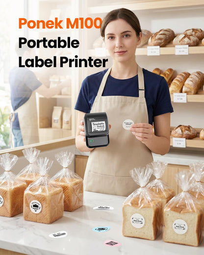 Ponek Label Maker with 3 Tapes, M100 Address Barcode Label Printer, Versatile App with 4000 Icons and 300 Templates, Bluetooth Thermal Label Printer for Small Business, Office, Home, School, Black
