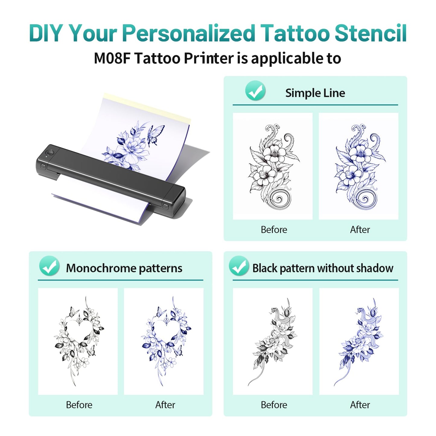 Ponek Tattoo Stencil Printer, M08F Tattoo Thermal Printer, Wireless Stencil Machine for Tattoo Artists, Stencil Printer for Tattooing with 10pcs Tattoo Transfer Paper, Compatible with Phone, Pad, PC