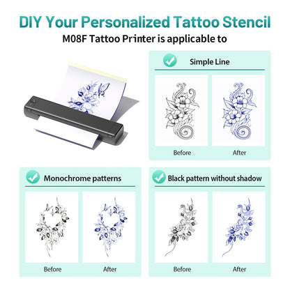 Ponek Tattoo Stencil Printer, M08F Tattoo Thermal Printer, Wireless Stencil Machine for Tattoo Artists, Stencil Printer for Tattooing with 10pcs Tattoo Transfer Paper, Compatible with Phone, Pad, PC