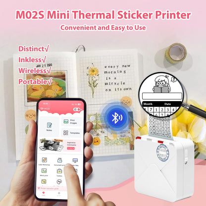 Ponek Mini Pocket Printer - M02S Upgrade 304DPI Wireless Bluetooth Thermal Sticker Printer, Compatible with iOS and Android, Print 3 Size Papers, Inkless Sticker Maker for Notes, Photo, Journal, Gifts