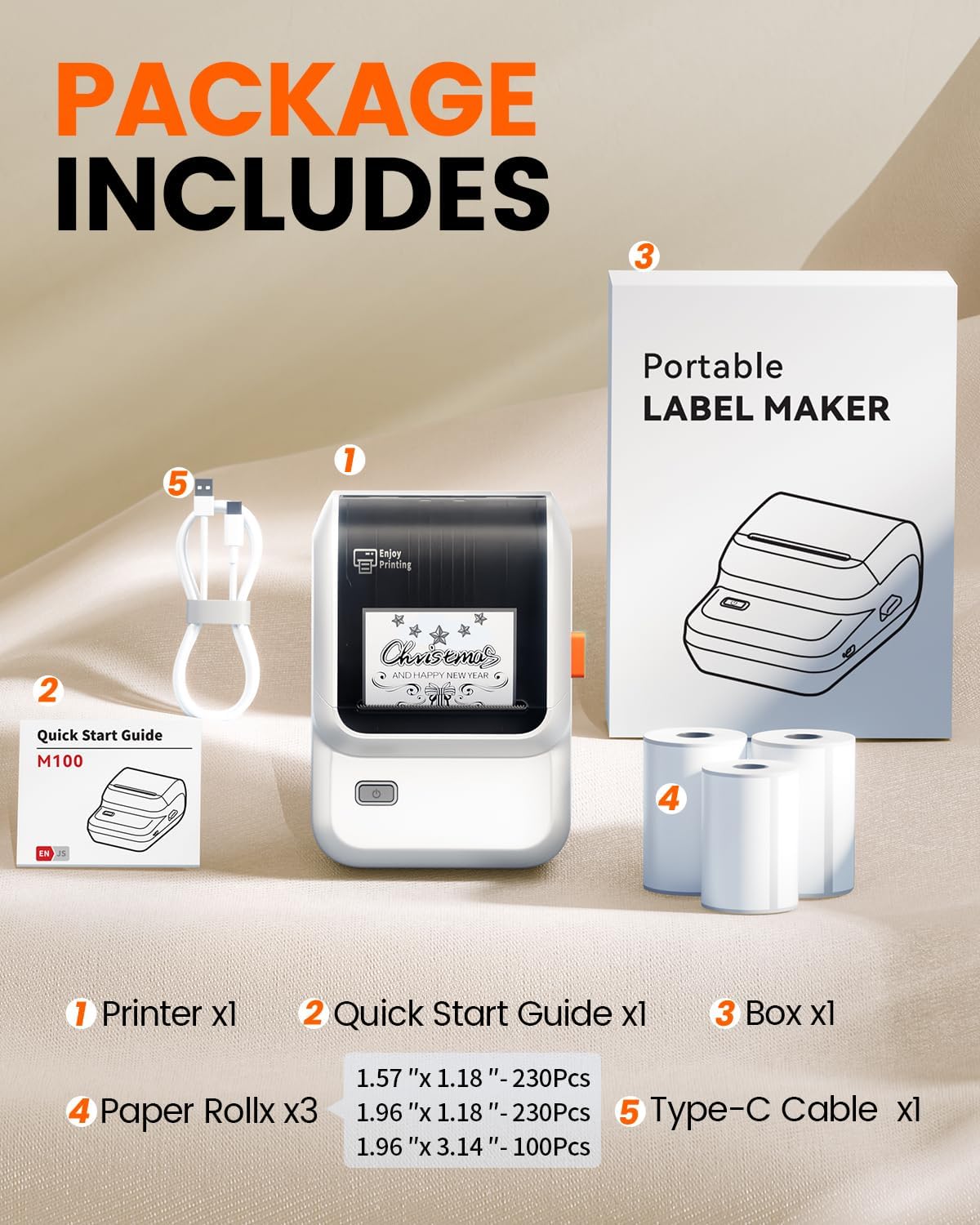 Ponek Label Maker Machine with 3 Tapes, M100 Bluetooth Label Printer, Versatile App with 3000 Icons and 300 Templates, 2 Inch Barcode Label Maker for Small Business, Office, Home, School, White