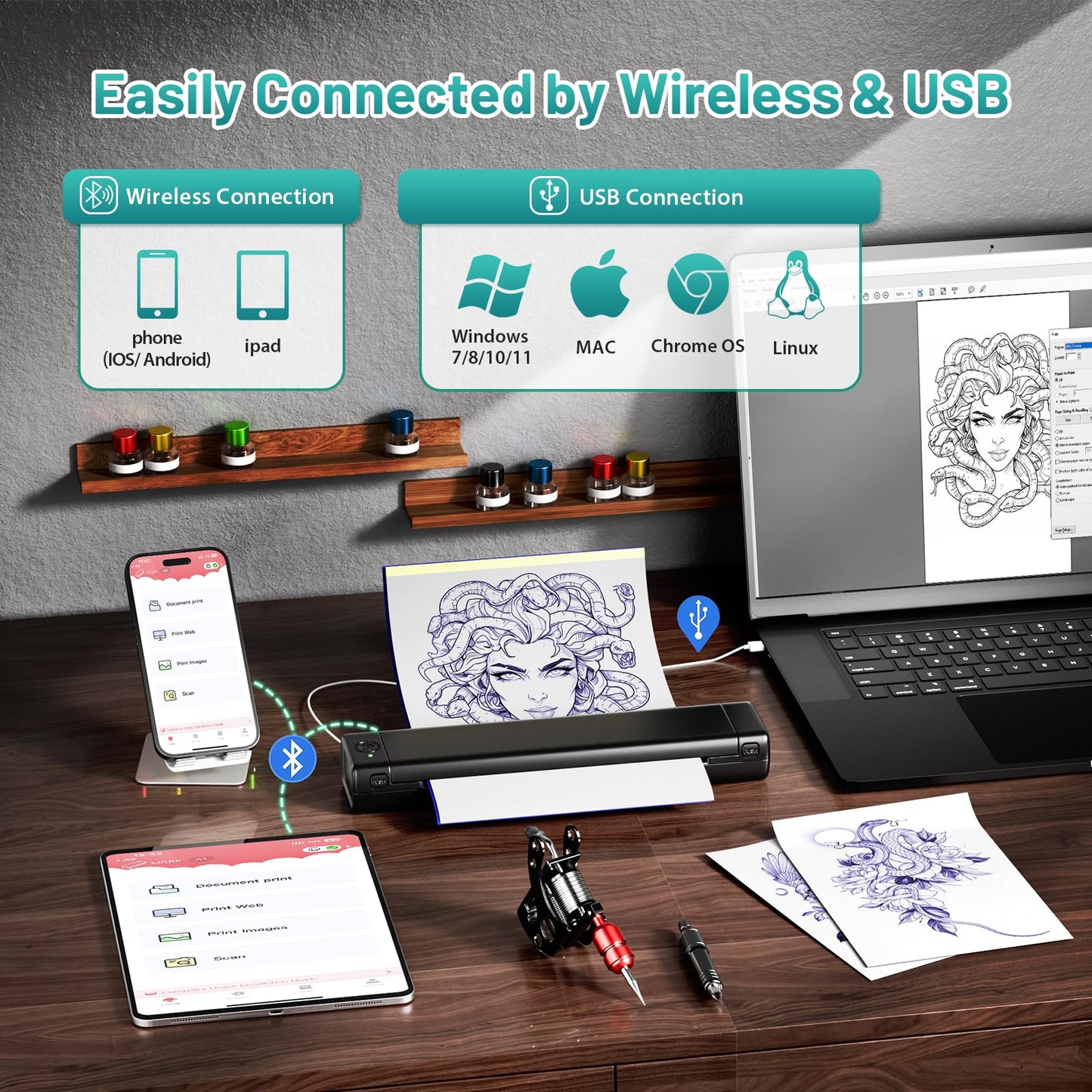 Ponek Tattoo Stencil Printer, M08F Tattoo Thermal Printer, Wireless Stencil Machine for Tattoo Artists, Stencil Printer for Tattooing with 10pcs Tattoo Transfer Paper, Compatible with Phone, Pad, PC