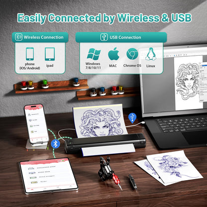 Ponek Tattoo Stencil Printer, M08F Tattoo Thermal Printer, Wireless Stencil Machine for Tattoo Artists, Stencil Printer for Tattooing with 10pcs Tattoo Transfer Paper, Compatible with Phone, Pad, PC