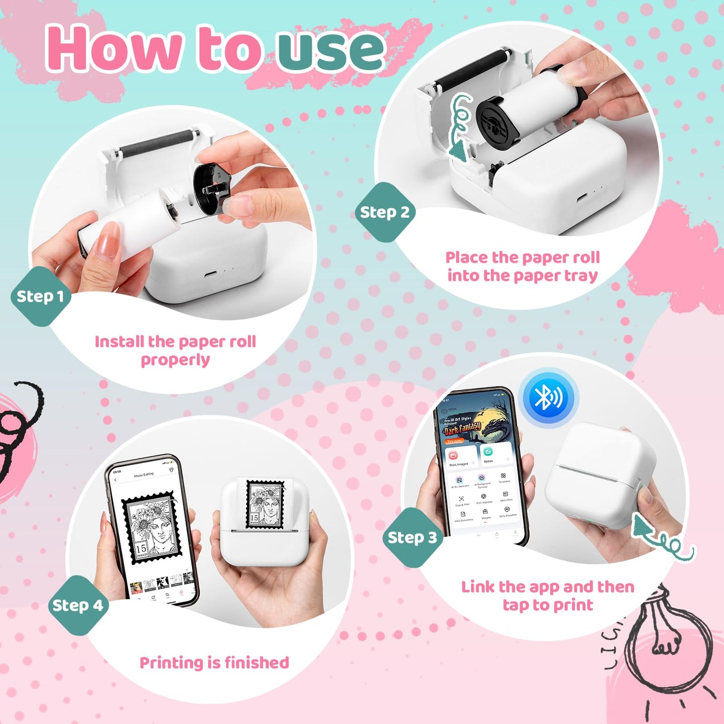 Ponek Print Pod Mini Sticker Printer, Mini Thermal Printer M02X, Stickers Maker Machine for Kids, Student, Family, Pocket Photo Printers, White