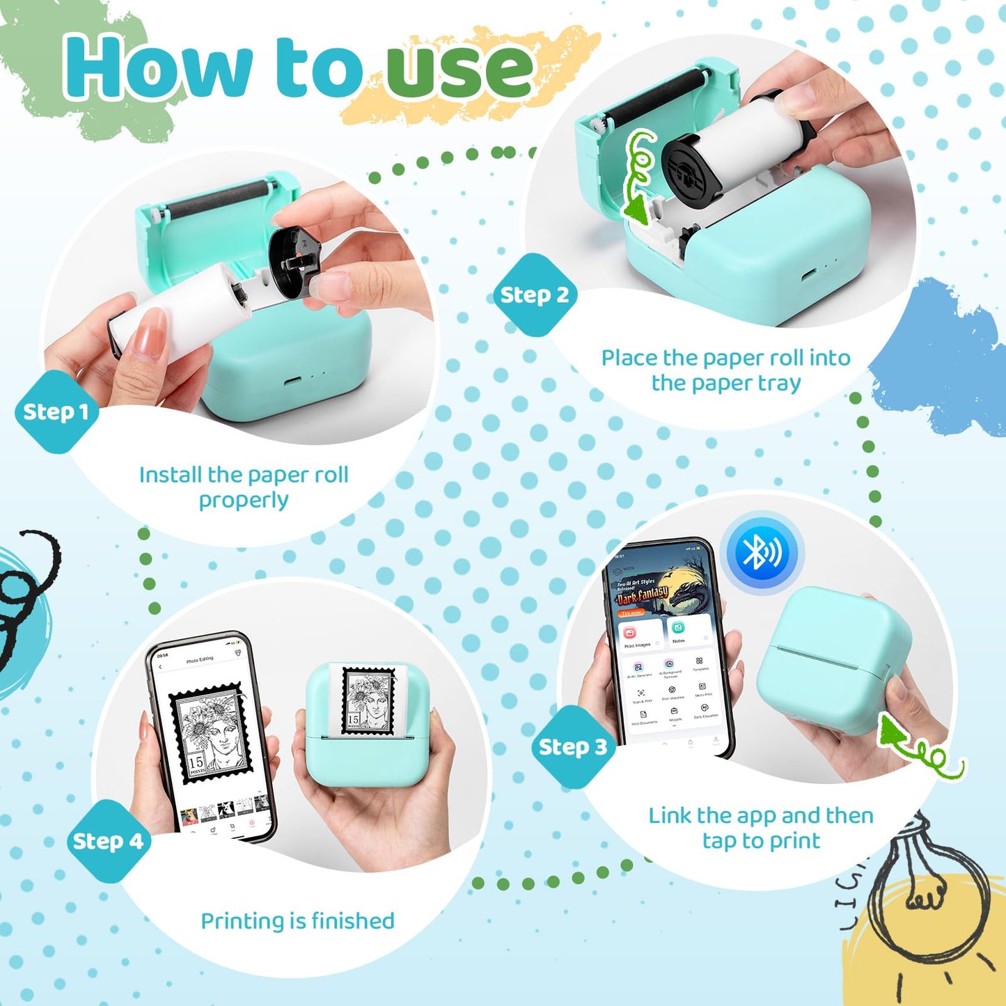 Ponek Mini Sticker Printer, Print Pods Mini Thermal Sticker Printer M02X, Stickers Maker Machine for Kids, Student, Family, Green